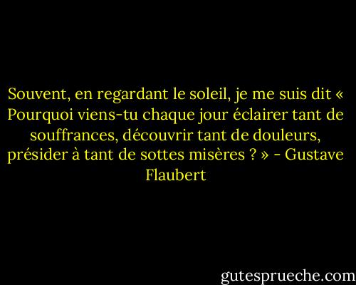 Souvent, en regardant le soleil, je me suis dit « Pourquoi viens-tu chaque jour éclairer tant de souffrances, découvrir tant de douleurs, présider à tant de sottes misères ? » - Gustave Flaubert
