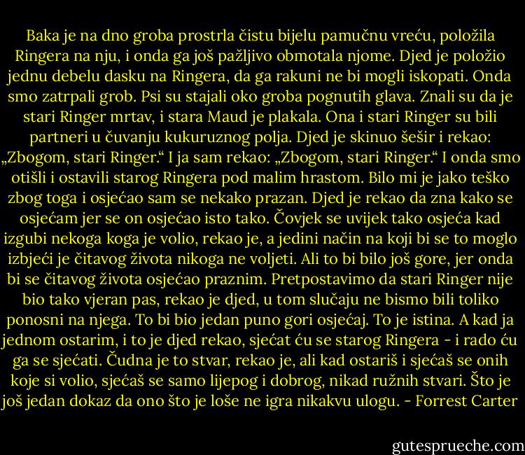 Baka je na dno groba prostrla čistu bijelu pamučnu vreću, položila Ringera na nju, i onda ga još pažljivo obmotala njome. Djed je položio jednu debelu dasku na Ringera, da ga rakuni ne bi mogli iskopati. Onda smo zatrpali grob. Psi su stajali oko groba pognutih glava. Znali su da je stari Ringer mrtav, i stara Maud je plakala. Ona i stari Ringer su bili partneri u čuvanju kukuruznog polja.<br />Djed je skinuo šešir i rekao: „Zbogom, stari Ringer.“ I ja sam rekao: „Zbogom, stari Ringer.“ I onda smo otišli i ostavili starog Ringera pod malim hrastom.<br />Bilo mi je jako teško zbog toga i osjećao sam se nekako prazan. Djed je rekao da zna kako se osjećam jer se on osjećao isto tako. Čovjek se uvijek tako osjeća kad izgubi nekoga koga je volio, rekao je, a jedini način na koji bi se to moglo izbjeći je čitavog života nikoga ne voljeti. Ali to bi bilo još gore, jer onda bi se čitavog života osjećao praznim.<br />Pretpostavimo da stari Ringer nije bio tako vjeran pas, rekao je djed, u tom slučaju ne bismo bili toliko ponosni na njega. To bi bio jedan puno gori osjećaj. To je istina.<br />A kad ja jednom ostarim, i to je djed rekao, sjećat ću se starog Ringera - i rado ću ga se sjećati. Čudna je to stvar, rekao je, ali kad ostariš i sjećaš se onih koje si volio, sjećaš se samo lijepog i dobrog, nikad ružnih stvari. Što je još jedan dokaz da ono što je loše ne igra nikakvu ulogu. - Forrest Carter