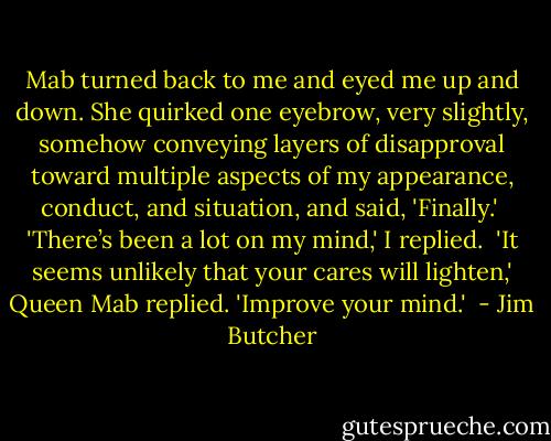 Mab turned back to me and eyed me up and down. She quirked one eyebrow, very slightly, somehow conveying layers of disapproval toward multiple aspects of my appearance, conduct, and situation, and said, 'Finally.'<br /><br />'There’s been a lot on my mind,' I replied.<br /><br />'It seems unlikely that your cares will lighten,' Queen Mab replied. 'Improve your mind.'  - Jim Butcher