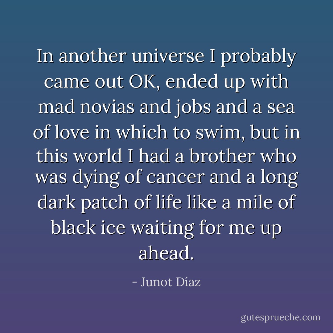 In another universe I probably came out OK, ended up with mad novias and jobs and a sea of love in which to swim, but in this world I had a brother who was dying of cancer and a long dark patch of life like a mile of black ice waiting for me up ahead. - Junot Díaz