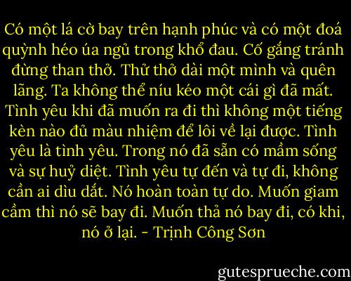 Có một lá cờ bay trên hạnh phúc và có một đoá quỳnh héo úa ngủ trong khổ đau. Cố gắng tránh đừng than thở. Thử thở dài một mình và quên lãng. Ta không thể níu kéo một cái gì đã mất. Tình yêu khi đã muốn ra đi thì không một tiếng kèn nào đủ màu nhiệm để lôi về lại được. Tình yêu là tình yêu. Trong nó đã sẵn có mầm sống và sự huỷ diệt. Tình yêu tự đến và tự đi, không cần ai dìu dắt. Nó hoàn toàn tự do. Muốn giam cầm thì nó sẽ bay đi. Muốn thả nó bay đi, có khi, nó ở lại. - Trịnh Công Sơn