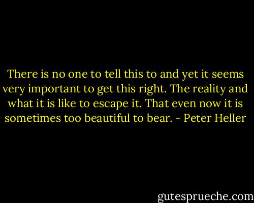 There is no one to tell this to and yet it seems very important to get this right. The reality and what it is like to escape it. That even now it is sometimes too beautiful to bear. - Peter Heller