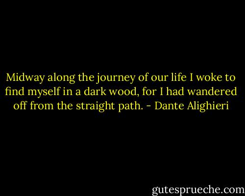 Midway along the journey of our life<br />I woke to find myself in a dark wood,<br />for I had wandered off from the straight path. - Dante Alighieri