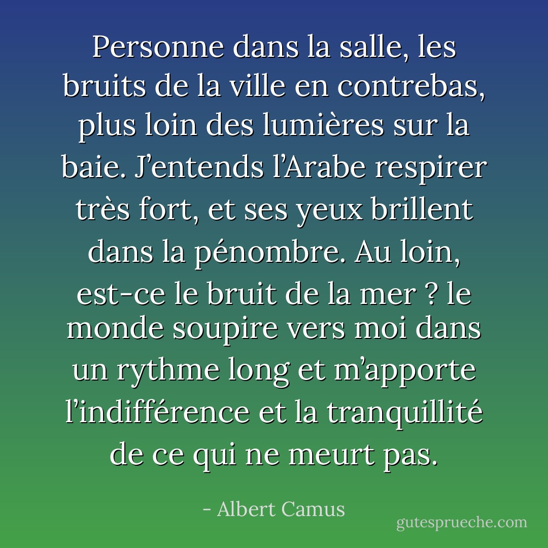 Personne dans la salle, les bruits de la ville en contrebas, plus loin des lumières sur la baie. J’entends l’Arabe respirer très fort, et ses yeux brillent dans la pénombre. Au loin, est-ce le bruit de la mer ? le monde soupire vers moi dans un rythme long et m’apporte l’indifférence et la tranquillité de ce qui ne meurt pas. - Albert Camus