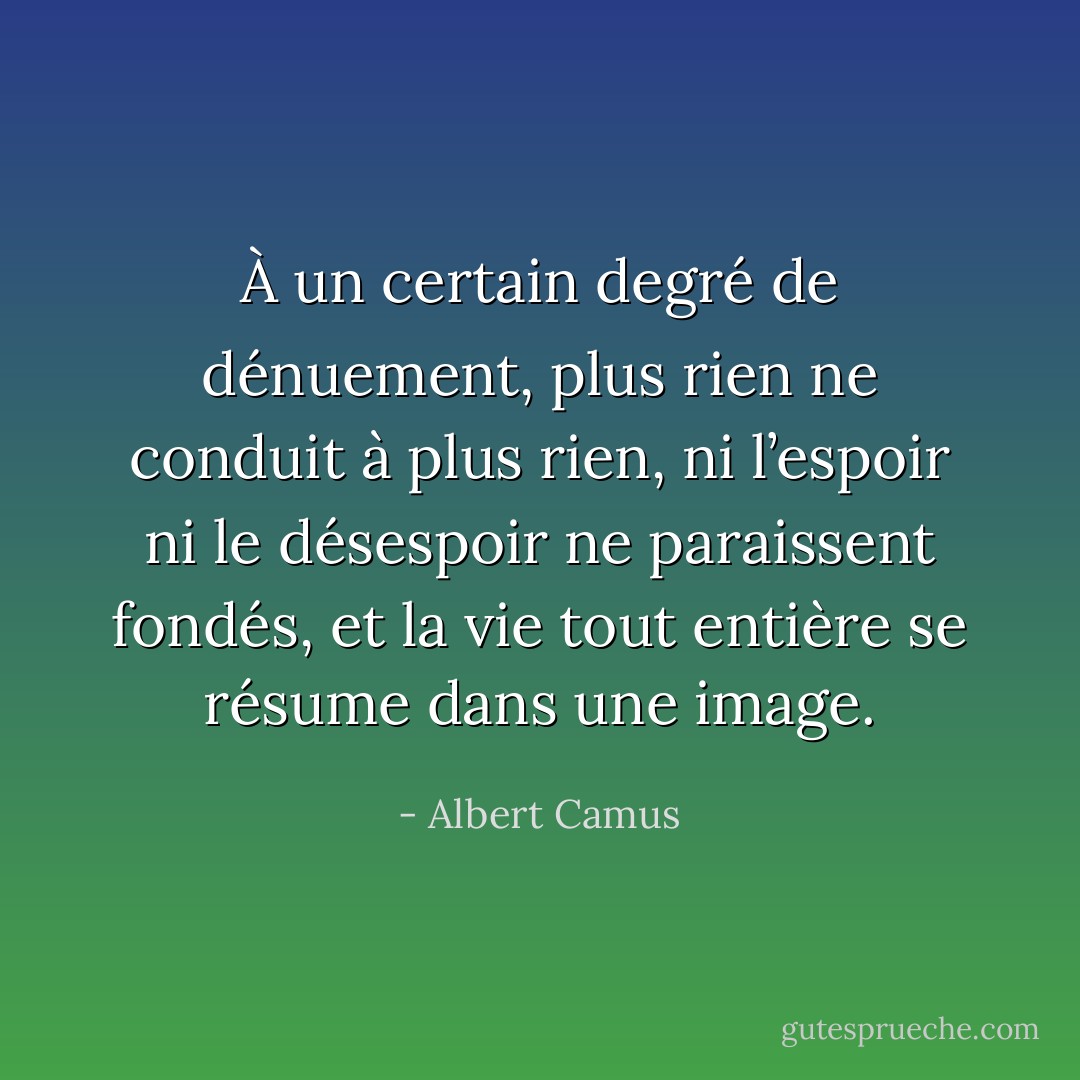 À un certain degré de dénuement, plus rien ne conduit à plus rien, ni l’espoir ni le désespoir ne paraissent fondés, et la vie tout entière se résume dans une image. - Albert Camus