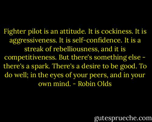 Fighter pilot is an attitude. It is cockiness. It is aggressiveness. It is self-confidence. It is a streak of rebelliousness, and it is competitiveness. But there's something else - there's a spark. There's a desire to be good. To do well; in the eyes of your peers, and in your own mind. - Robin Olds
