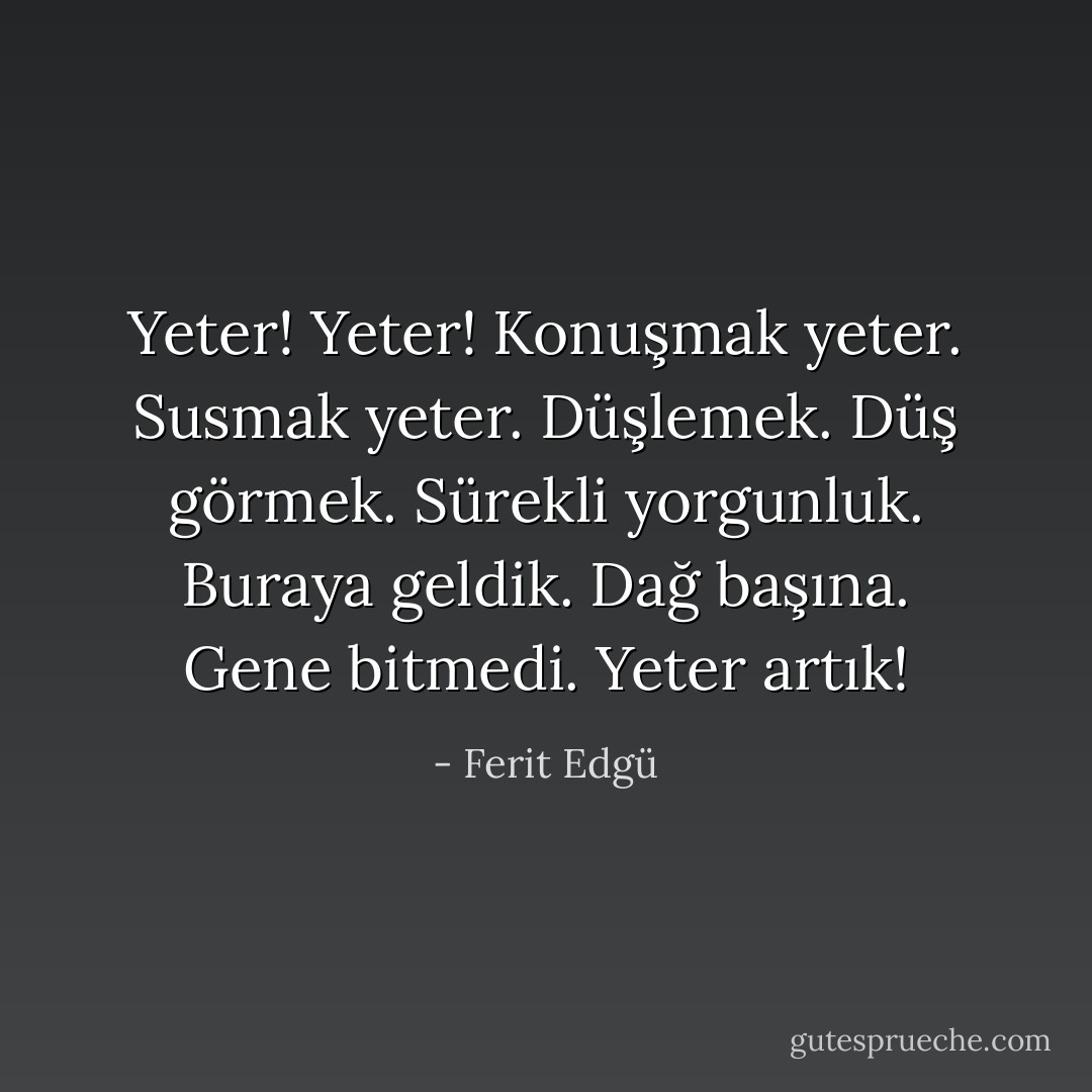 Yeter! Yeter!<br />Konuşmak yeter. Susmak yeter.<br />Düşlemek.<br />Düş görmek.<br />Sürekli yorgunluk.<br />Buraya geldik. Dağ başına. Gene bitmedi.<br />Yeter artık! - Ferit Edgü