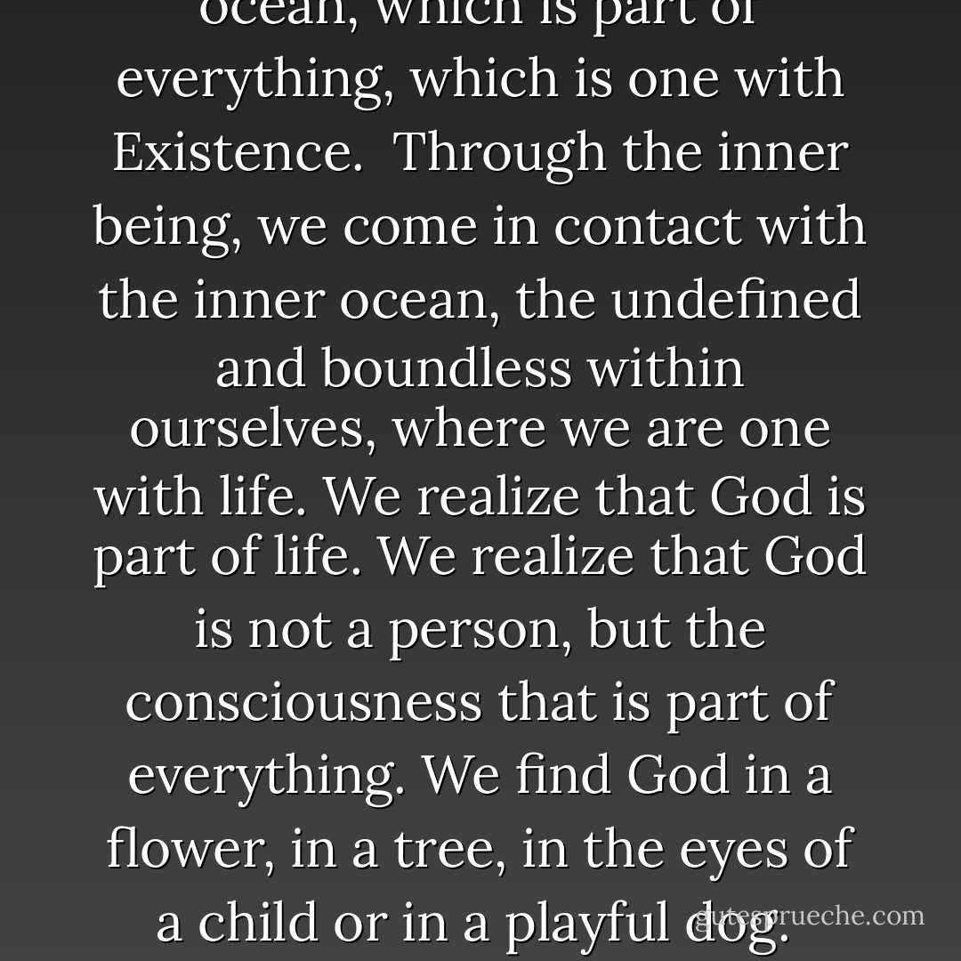 Meditation expands our inner being. The inner being is like a small, individual river flowering towards the Ocean. <br />In meditation, I feel how my inner being expands into an inner ocean, which is part of everything, which is one with Existence. <br />Through the inner being, we come in contact with the inner ocean, the undefined and boundless within ourselves, where we are one with life. We realize that God is part of life. We realize that God is not a person, but the consciousness that is part of everything. We find God in a flower, in a tree, in the eyes of a child or in a playful dog. <br />Through discovering our inner being, we discover that we are also part of the flower, the child or the dog. We realize that God is everywhere. - Swami Dhyan Giten