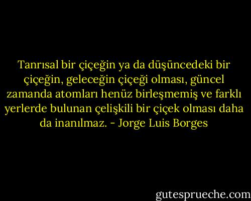 Tanrısal bir çiçeğin ya da düşüncedeki bir çiçeğin, geleceğin çiçeği olması, güncel zamanda atomları henüz birleşmemiş ve farklı yerlerde bulunan çelişkili bir çiçek olması daha da inanılmaz. - Jorge Luis Borges