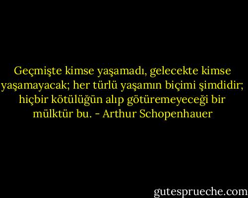 Geçmişte kimse yaşamadı, gelecekte kimse yaşamayacak; her türlü yaşamın biçimi şimdidir; hiçbir kötülüğün alıp götüremeyeceği bir mülktür bu. - Arthur Schopenhauer