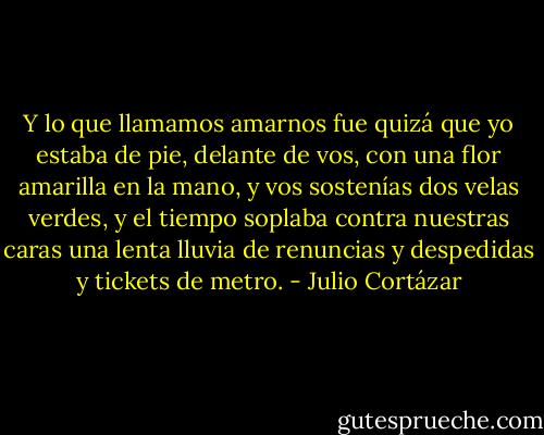 Y lo que llamamos amarnos fue quizá que yo estaba de pie, delante de vos, con una flor amarilla en la mano, y vos sostenías dos velas verdes, y el tiempo soplaba contra nuestras caras una lenta lluvia de renuncias y despedidas y tickets de metro. - Julio Cortázar