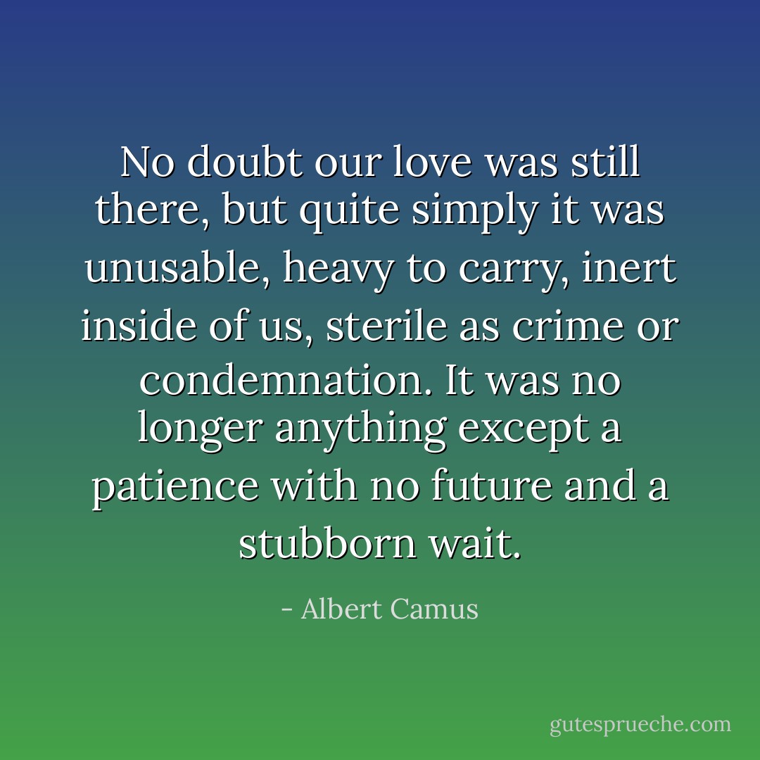 No doubt our love was still there, but quite simply it was unusable, heavy to carry, inert inside of us, sterile as crime or condemnation. It was no longer anything except a patience with no future and a stubborn wait. - Albert Camus