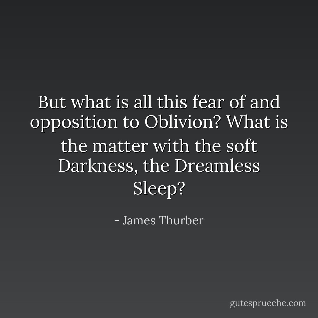 But what is all this fear of and opposition to Oblivion? What is the matter with the soft Darkness, the Dreamless Sleep? - James Thurber