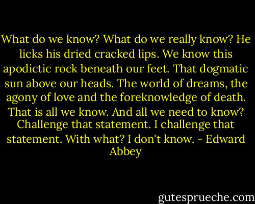 What do we know? What do we really know? He licks his dried cracked lips. We know this apodictic rock beneath our feet. That dogmatic sun above our heads. The world of dreams, the agony of love and the foreknowledge of death. That is all we know. And all we need to know? Challenge that statement. I challenge that statement. With what? I don't know. - Edward Abbey
