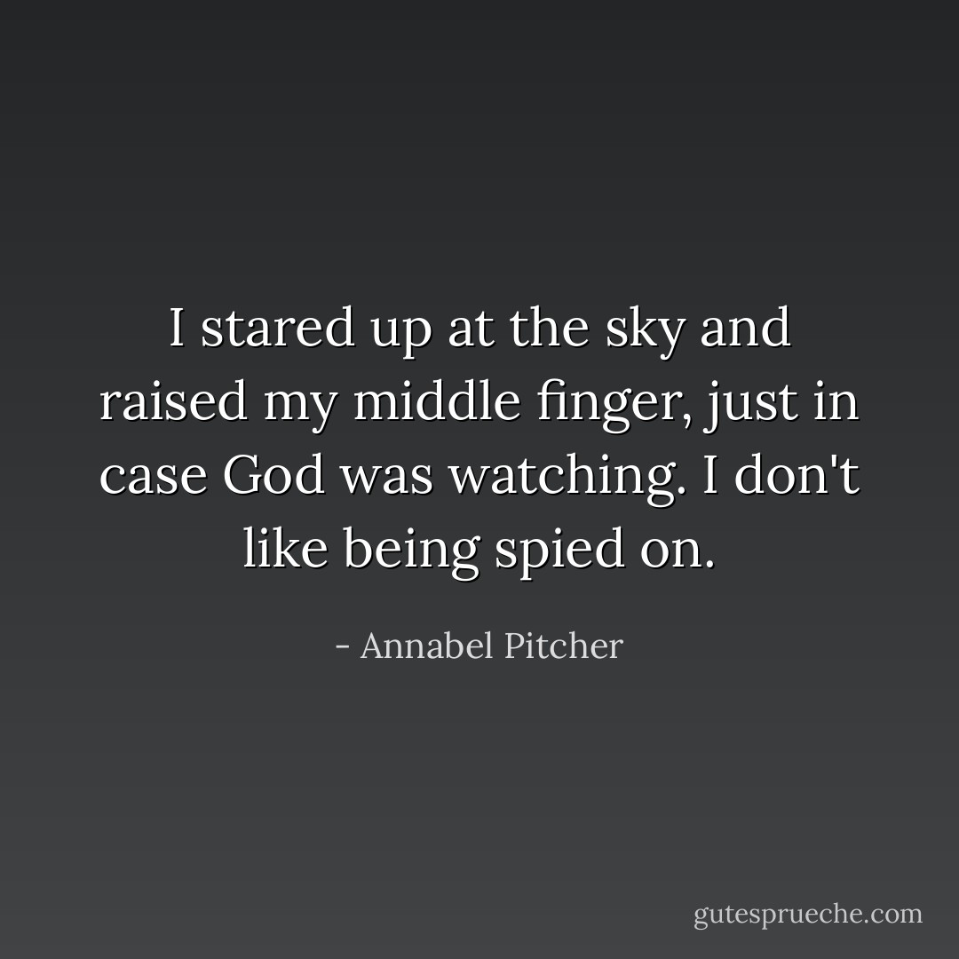 I stared up at the sky and raised my middle finger, just in case God was watching. I don't like being spied on. - Annabel Pitcher
