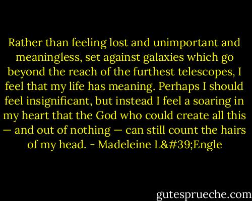 Rather than feeling lost and unimportant and meaningless, set against galaxies which go beyond the reach of the furthest telescopes, I feel that my life has meaning. Perhaps I should feel insignificant, but instead I feel a soaring in my heart that the God who could create all this — and out of nothing — can still count the hairs of my head. - Madeleine L'Engle
