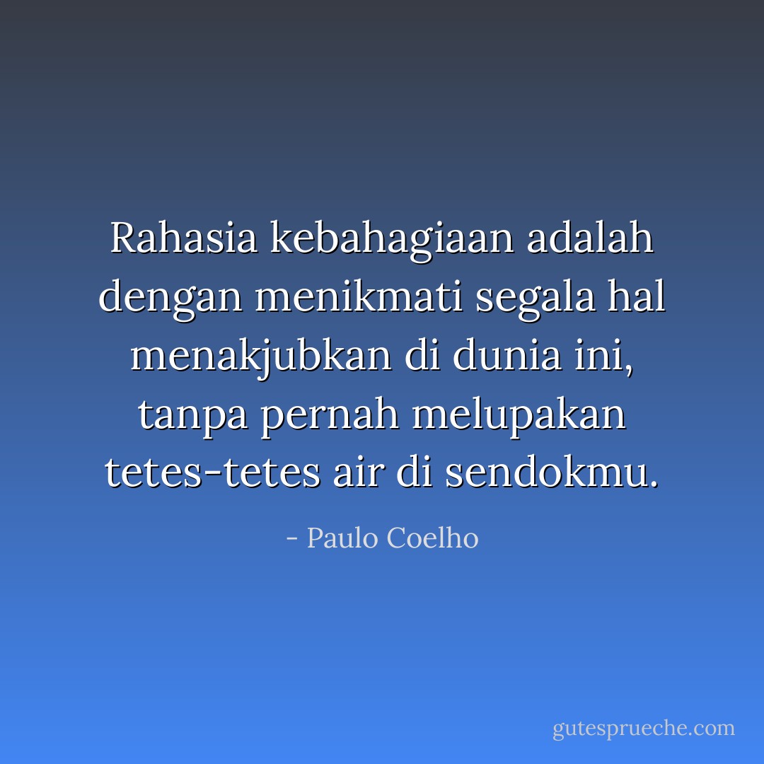 Rahasia kebahagiaan adalah dengan menikmati segala hal menakjubkan di dunia ini, tanpa pernah melupakan tetes-tetes air di sendokmu. - Paulo Coelho