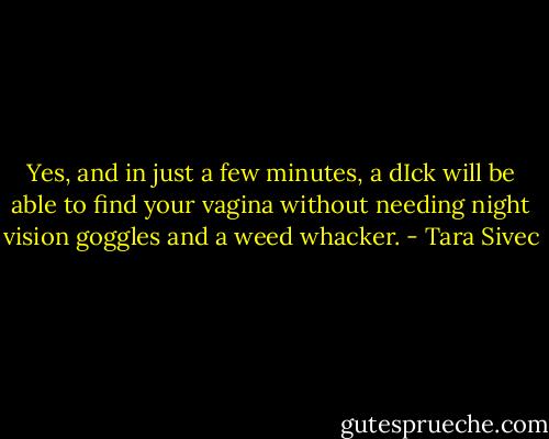 Yes, and in just a few minutes, a dIck will be able to find your vagina without needing night vision goggles and a weed whacker. - Tara Sivec