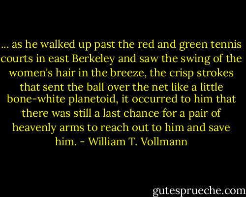 ... as he walked up past the red and green tennis courts in east Berkeley and saw the swing of the women's hair in the breeze, the crisp strokes that sent the ball over the net like a little bone-white planetoid, it occurred to him that there was still a last chance for a pair of heavenly arms to reach out to him and save him. - William T. Vollmann