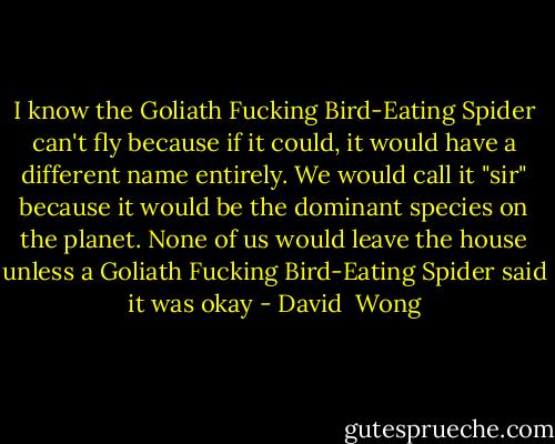 I know the Goliath Fucking Bird-Eating Spider can't fly because if it could, it would have a different name entirely. We would call it "sir" because it would be the dominant species on the planet. None of us would leave the house unless a Goliath Fucking Bird-Eating Spider said it was okay - David  Wong