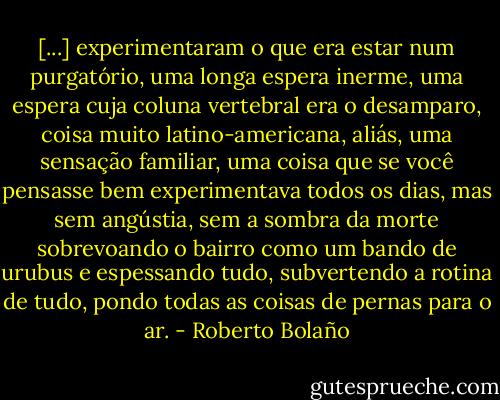 [...] experimentaram o que era estar num purgatório, uma longa espera inerme, uma espera cuja coluna vertebral era o desamparo, coisa muito latino-americana, aliás, uma sensação familiar, uma coisa que se você pensasse bem experimentava todos os dias, mas sem angústia, sem a sombra da morte sobrevoando o bairro como um bando de urubus e espessando tudo, subvertendo a rotina de tudo, pondo todas as coisas de pernas para o ar. - Roberto Bolaño