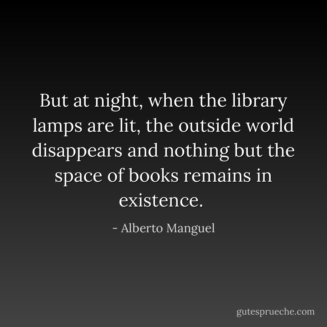 But at night, when the library lamps are lit, the outside world disappears and nothing but the space of books remains in existence.  - Alberto Manguel