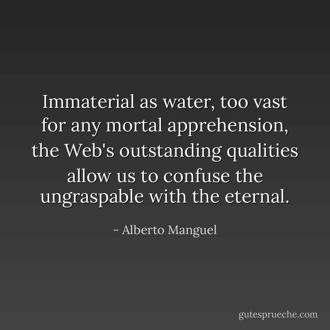 Immaterial as water, too vast for any mortal apprehension, the Web's outstanding qualities allow us to confuse the ungraspable with the eternal. - Alberto Manguel
