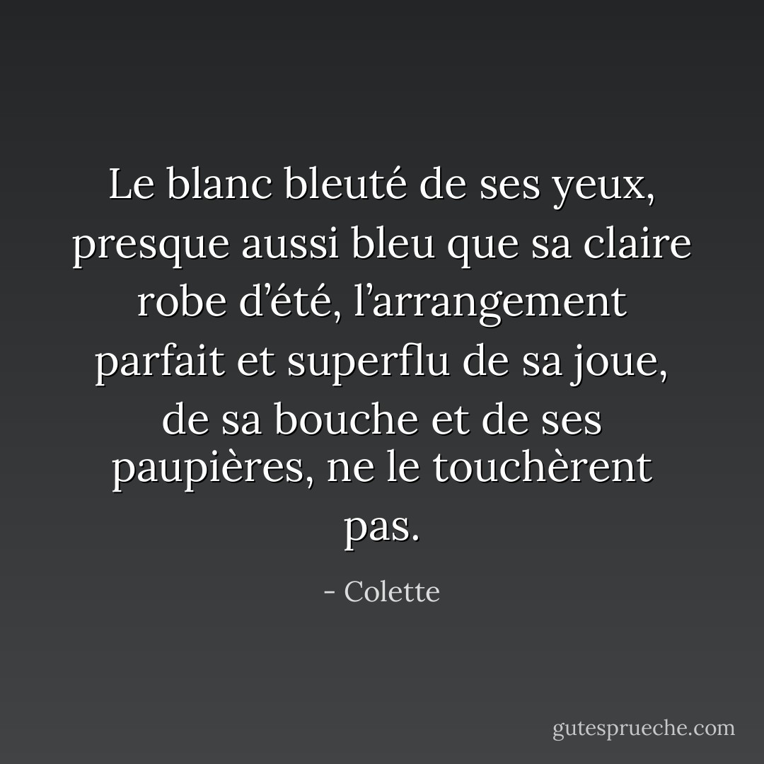 Le blanc bleuté de ses yeux, presque aussi bleu que sa claire robe d’été, l’arrangement parfait et superflu de sa joue, de sa bouche et de ses paupières, ne le touchèrent pas. - Colette