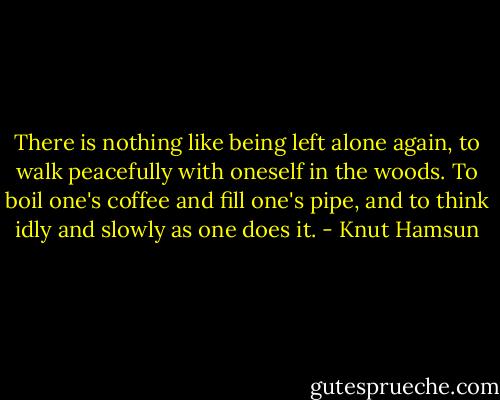There is nothing like being left alone again, to walk peacefully with oneself in the woods. To boil one's coffee and fill one's pipe, and to think idly and slowly as one does it. - Knut Hamsun