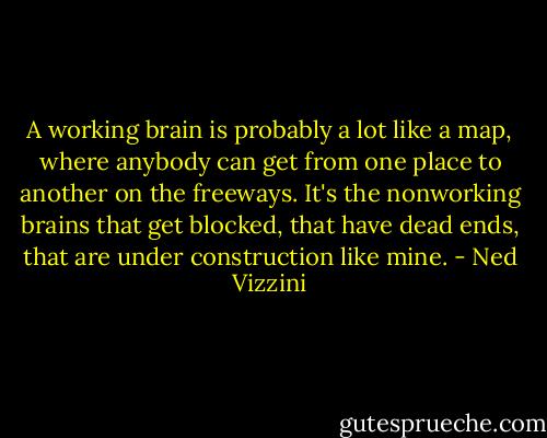 A working brain is probably a lot like a map, where anybody can get from one place to another on the freeways. It's the nonworking brains that get blocked, that have dead ends, that are under construction like mine. - Ned Vizzini