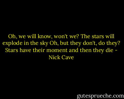 Oh, we will know, won't we?<br />The stars will explode in the sky<br />Oh, but they don't, do they?<br />Stars have their moment and then they die - Nick Cave
