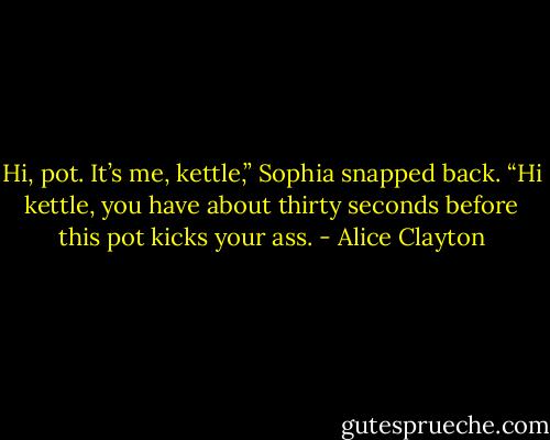 Hi, pot. It’s me, kettle,” Sophia snapped back.<br />“Hi kettle, you have about thirty seconds before this pot kicks your ass. - Alice Clayton