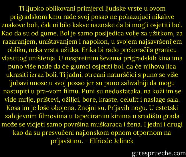 Ti ljupko oblikovani primjerci ljudske vrste u ovom prigradskom kmu rade svoj posao ne pokazujući nikakve znakove boli, čak ni bilo kakve naznake da bi mogli osjetiti bol. Kao da su od gume. Bol je samo posljedica volje za užitkom, za razaranjem, uništavanjem i napokon, u svojem najsavršenijem obliku, neka vrsta užitka. Erika bi rado prekoračila granicu vlastitog uništenja. U nespretnim ševama prigradskih kina ima puno više nade da će glumci osjetiti bol, da će njihova lica ukrasiti izraz boli. Ti jadni, otrcani naturščici s puno se više ljubavi unose u svoj posao jer su puno zahvalniji da mogu nastupiti u pra¬vom filmu. Puni su nedostataka, na koži im se vide mrlje, prištevi, ožiljci, bore, kraste, celulit i naslage sala. Kosa im je loše obojena. Znojni su. Prljavih nogu. U estetski zahtjevnim filmovima u tapeciranim kinima u središtu grada može se vidjeti samo površina muškaraca i žena. I jedni i drugi kao da su presvučeni najlonskom opnom otpornom na prljavštinu. - Elfriede Jelinek