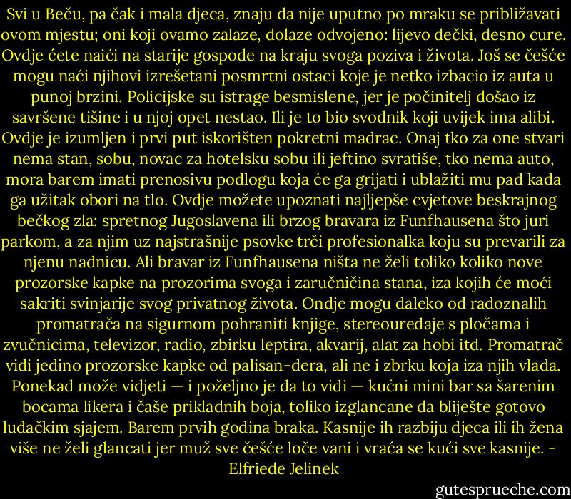Svi u Beču, pa čak i mala djeca, znaju da nije uputno po mraku se približavati ovom mjestu; oni koji ovamo zalaze, dolaze odvojeno: lijevo dečki, desno cure. Ovdje ćete naići na starije gospode na kraju svoga poziva i života. Još se češće mogu naći njihovi izrešetani posmrtni ostaci koje je netko izbacio iz auta u punoj brzini. Policijske su istrage besmislene, jer je počinitelj došao iz savršene tišine i u njoj opet nestao. Ili je to bio svodnik koji uvijek ima alibi. Ovdje je izumljen i prvi put iskorišten pokretni madrac. Onaj tko za one stvari nema stan, sobu, novac za hotelsku sobu ili jeftino svratiše, tko nema auto, mora barem imati prenosivu podlogu koja će ga grijati i ublažiti mu pad kada ga užitak obori na tlo. Ovdje možete upoznati najljepše cvjetove beskrajnog bečkog zla: spretnog Jugoslavena ili brzog bravara iz Funfhausena što juri parkom, a za njim uz najstrašnije psovke trči profesionalka koju su prevarili za njenu nadnicu. Ali bravar iz Funfhausena ništa ne želi toliko koliko nove prozorske kapke na prozorima svoga i zaručničina stana, iza kojih će moći sakriti svinjarije svog privatnog života. Ondje mogu daleko od radoznalih promatrača na sigurnom pohraniti knjige, stereouredaje s pločama i zvučnicima, televizor, radio, zbirku leptira, akvarij, alat za hobi itd. Promatrač vidi jedino prozorske kapke od palisan-dera, ali ne i zbrku koja iza njih vlada. Ponekad može vidjeti — i poželjno je da to vidi — kućni mini bar sa šarenim bocama likera i čaše prikladnih boja, toliko izglancane da bliješte gotovo luđačkim sjajem. Barem prvih godina braka. Kasnije ih razbiju djeca ili ih žena više ne želi glancati jer muž sve češće loče vani i vraća se kući sve kasnije. - Elfriede Jelinek