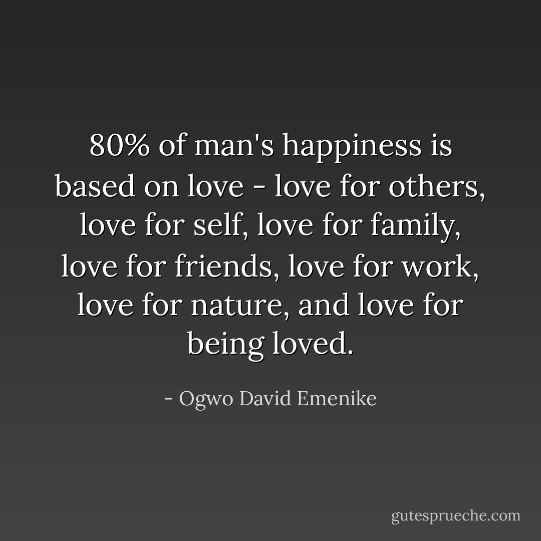80% of man's happiness is based on love - love for others, love for self, love for family, love for friends, love for work, love for nature, and love for being loved. - Ogwo David Emenike