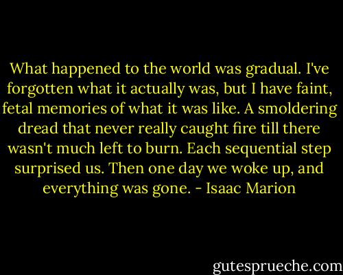 What happened to the world was gradual. I've forgotten what it actually was, but I have faint, fetal memories of what it was like. A smoldering dread that never really caught fire till there wasn't much left to burn. Each sequential step surprised us. Then one day we woke up, and everything was gone. - Isaac Marion