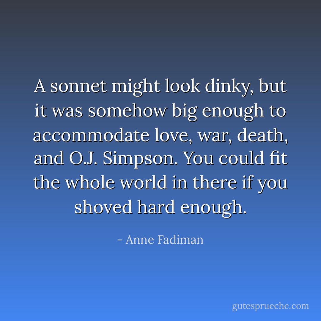 A sonnet might look dinky, but it was somehow big enough to accommodate love, war, death, and O.J. Simpson. You could fit the whole world in there if you shoved hard enough. - Anne Fadiman