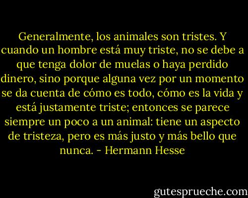 Generalmente, los animales son tristes. Y cuando un hombre está muy triste, no se debe a que tenga dolor de muelas o haya perdido dinero, sino porque alguna vez por un momento se da cuenta de cómo es todo, cómo es la vida y está justamente triste; entonces se parece siempre un poco a un animal: tiene un aspecto de tristeza, pero es más justo y más bello que nunca. - Hermann Hesse