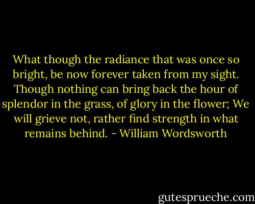 What though the radiance that was once so bright, be now forever taken from my sight. Though nothing can bring back the hour of splendor in the grass, of glory in the flower; We will grieve not, rather find strength in what remains behind. - William Wordsworth