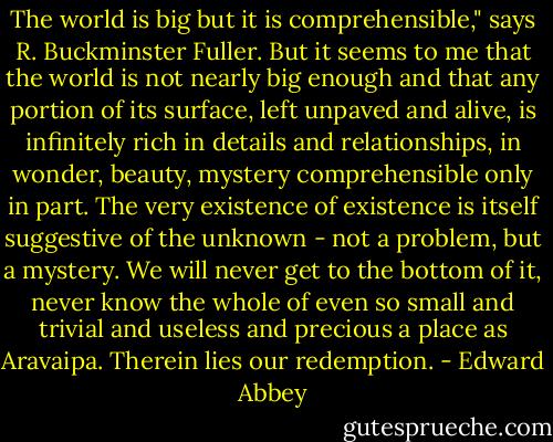 The world is big but it is comprehensible," says R. Buckminster Fuller. But it seems to me that the world is not nearly big enough and that any portion of its surface, left unpaved and alive, is infinitely rich in details and relationships, in wonder, beauty, mystery comprehensible only in part. The very existence of existence is itself suggestive of the unknown - not a problem, but a mystery. We will never get to the bottom of it, never know the whole of even so small and trivial and useless and precious a place as Aravaipa. Therein lies our redemption. - Edward Abbey