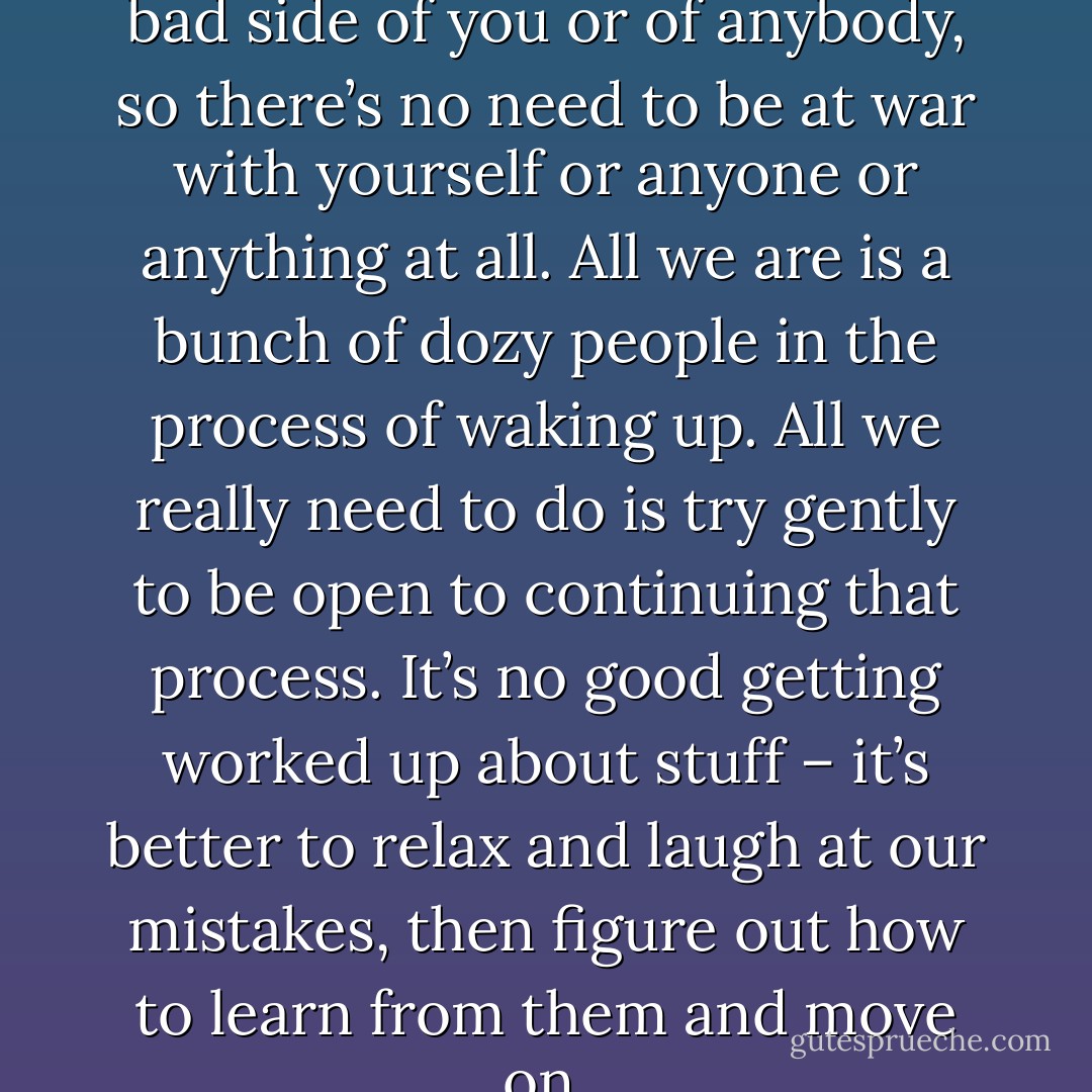 There isn’t a good side and a bad side of you or of anybody, so there’s no need to be at war with yourself or anyone or anything at all.<br />All we are is a bunch of dozy people in the process of waking up.<br />All we really need to do is try gently to be open to continuing that process.<br />It’s no good getting worked up about stuff – it’s better to relax and laugh at our mistakes, then figure out how to learn from them and move on. - Jay Woodman