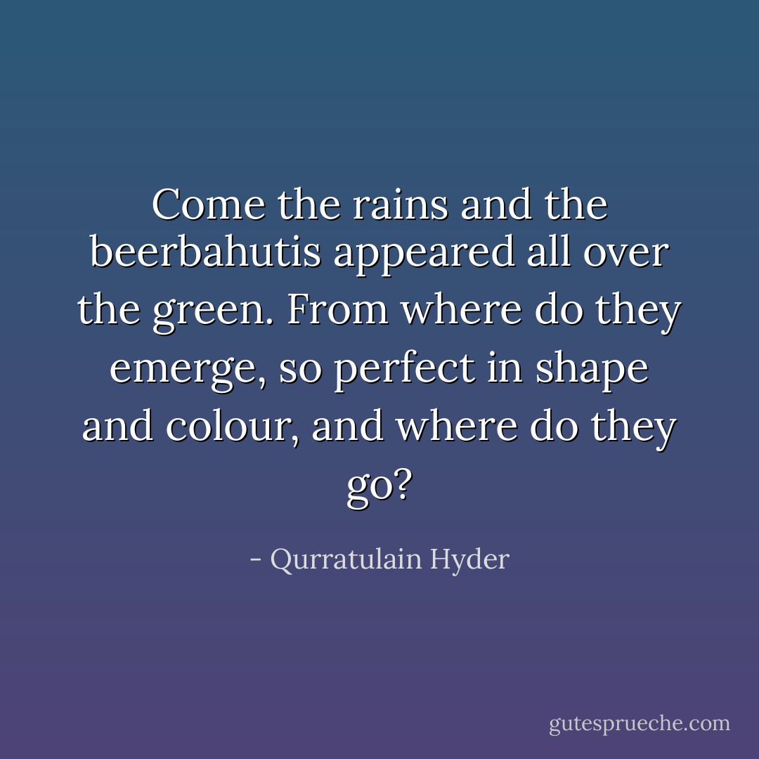 Come the rains and the beerbahutis appeared all over the green. From where do they emerge, so perfect in shape and colour, and where do they go? - Qurratulain Hyder