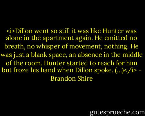 <i>Dillon went so still it was like Hunter was alone in the apartment again. He emitted no breath, no whisper of movement, nothing. He was just a blank space, an absence in the middle of the room. Hunter started to reach for him but froze his hand when Dillon spoke. (…)</i> - Brandon Shire