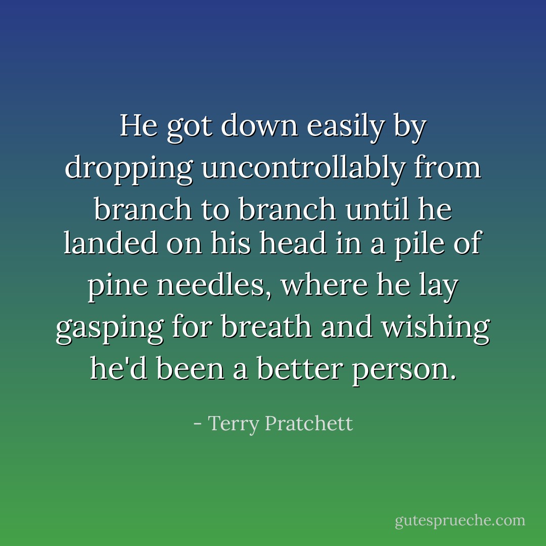 He got down easily by dropping uncontrollably from branch to branch until he landed on his head in a pile of pine needles, where he lay gasping for breath and wishing he'd been a better person. - Terry Pratchett