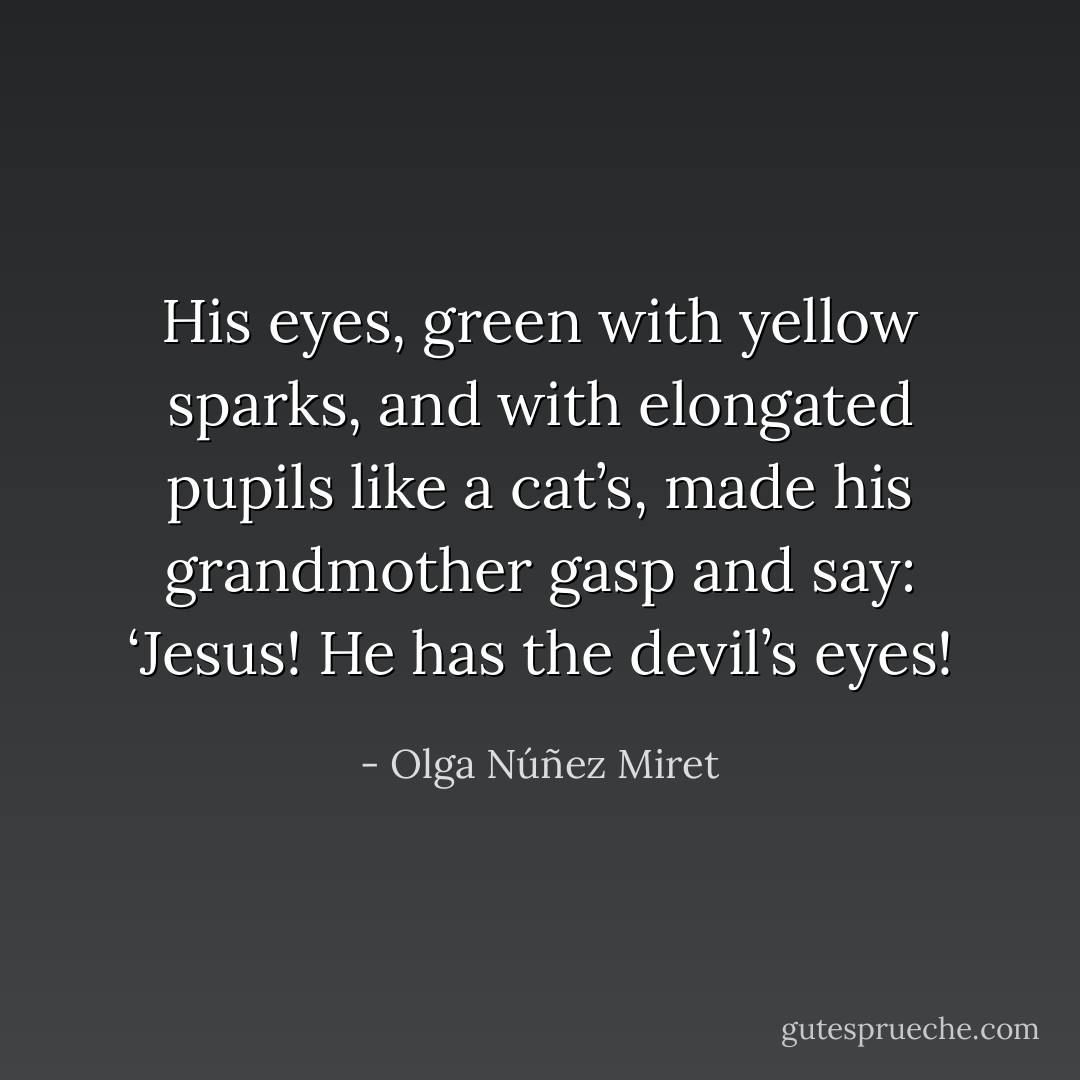 His eyes, green with yellow sparks, and with elongated pupils like a cat’s, made his grandmother gasp and say: ‘Jesus! He has the devil’s eyes! - Olga Núñez Miret