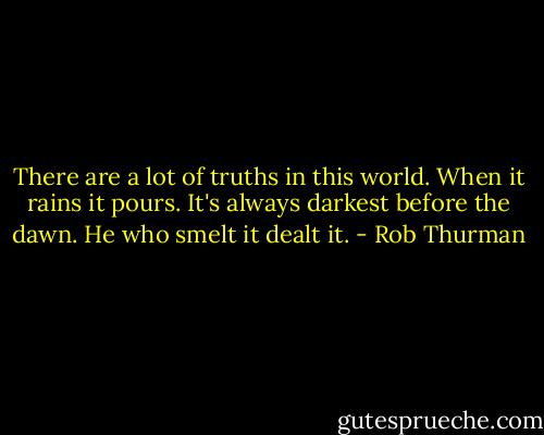There are a lot of truths in this world. When it rains it pours. It's always darkest before the dawn. He who smelt it dealt it. - Rob Thurman