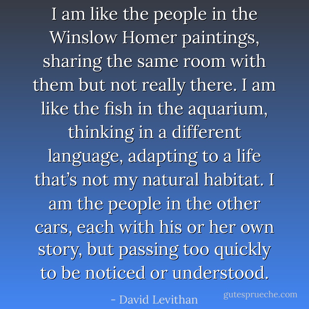 I am like the people in the Winslow Homer paintings, sharing the same room with them but not really there. I am<br />like the fish in the aquarium, thinking in a different language, adapting to a life that’s not my natural habitat. I am the people in the other cars, each<br />with his or her own story, but passing too quickly to be noticed or understood. - David Levithan