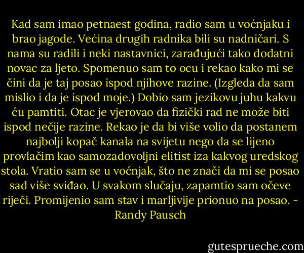 Kad sam imao petnaest godina, radio sam u voćnjaku i brao jagode. Većina drugih radnika bili su nadničari. S nama su radili i neki nastavnici, zarađujući tako dodatni novac za ljeto. Spomenuo sam to ocu i rekao kako mi se čini da je taj posao ispod njihove razine. (Izgleda da sam mislio i da je ispod moje.) Dobio sam jezikovu juhu kakvu ću pamtiti. Otac je vjerovao da fizički rad ne može biti ispod nečije razine. Rekao je da bi više volio da postanem najbolji kopač kanala na svijetu nego da se lijeno provlačim kao samozadovoljni elitist iza kakvog uredskog stola.<br />Vratio sam se u voćnjak, što ne znači da mi se posao sad više sviđao. U svakom slučaju, zapamtio sam očeve riječi. Promijenio sam stav i marljivije prionuo na posao. - Randy Pausch