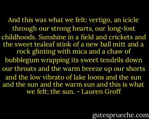 And this was what we felt: vertigo, an icicle through our strong hearts, our long-lost childhoods. Sunshine in a field and crickets and the sweet tealeaf stink of a new ball mitt and a rock glinting with mica and a chaw of bubblegum wrapping its sweet tendrils down our throats and the warm breeze up our shorts and the low vibrato of lake loons and the sun and the sun and the warm sun and this is what we felt; the sun. - Lauren Groff