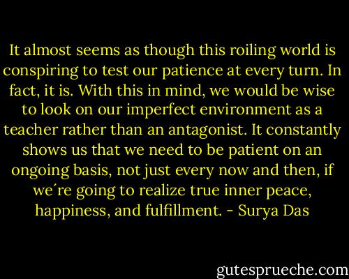 It almost seems as though this roiling world is conspiring to test our patience at every turn. In fact, it is. With this in mind, we would be wise to look on our imperfect environment as a teacher rather than an antagonist. It constantly shows us that we need to be patient on an ongoing basis, not just every now and then, if we´re going to realize true inner peace, happiness, and fulfillment. - Surya Das